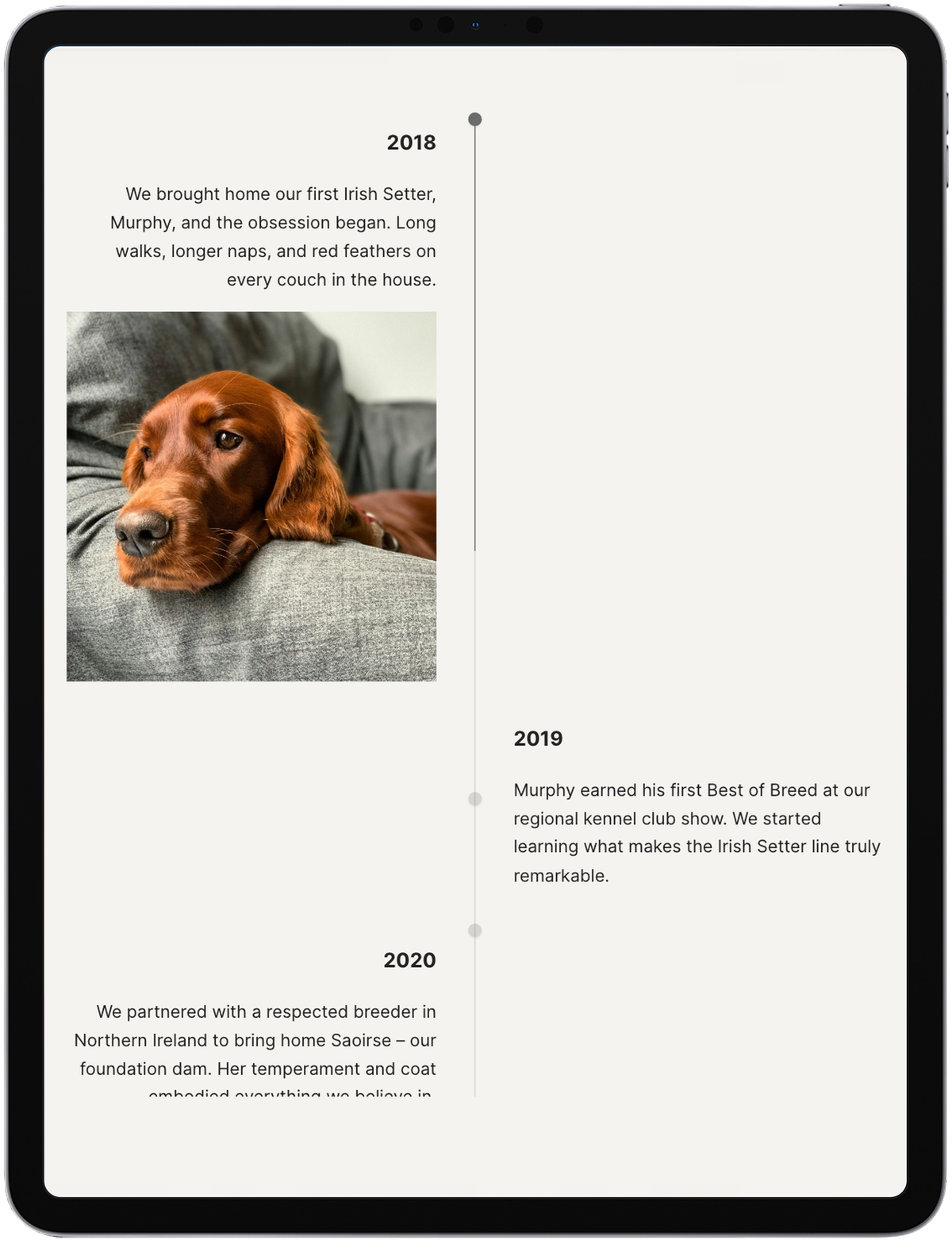 Squarespace vertical timeline plugin on an iPad
